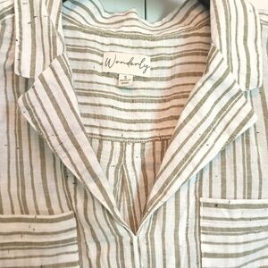 Wonderly Army Green & Cream Striped V-Neck Top (S)